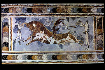 The heavily restored bull-leaping scene from the palace of Knossos.
