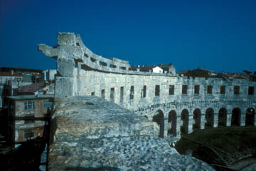 The anchoring points for the awning that once covered the amphitheatre in Pula, Croatia.