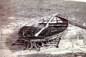 The hull of Caligula's floating palace, recovered from Lake Nemi in the 1930s and later destroyed by German shelling.