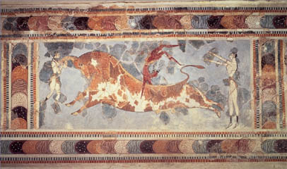 The Bull-leaper frescoe in Herakleion museum. The dark patches are the original plaster, the rest is Arthur Evans' reconstruction.