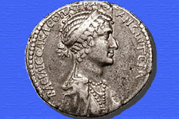 A silver coin of 36 BC. Note Cleopatra's famous nose.