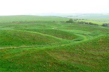 The overlapping earthworks in the east gate of Maiden Castle.