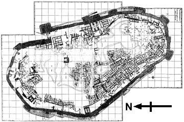 Map of Tel en-Nasbeh during the Iron II period. Note the thick wall that surrounded the town and the gateway in the north-east quadrant.