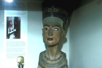 A copy of the famous bust of Nefertiti in the Manchester Museum clearly shows the damaged eye.