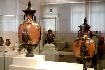 Panathenaic amphorae in the National Archaeological Museum in Athens.