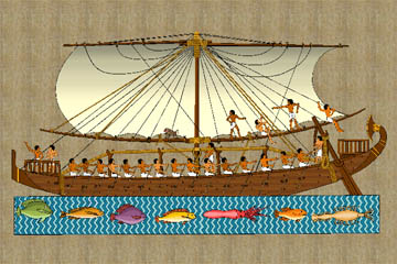 A modern papyrus painting of one of Hatshepsut's ships. The hogging truss runs just above the heads of the sailors.