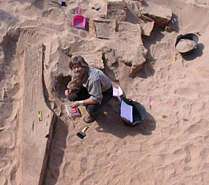 Uncovering one of the odd-shaped timbers of the ancient boats.
